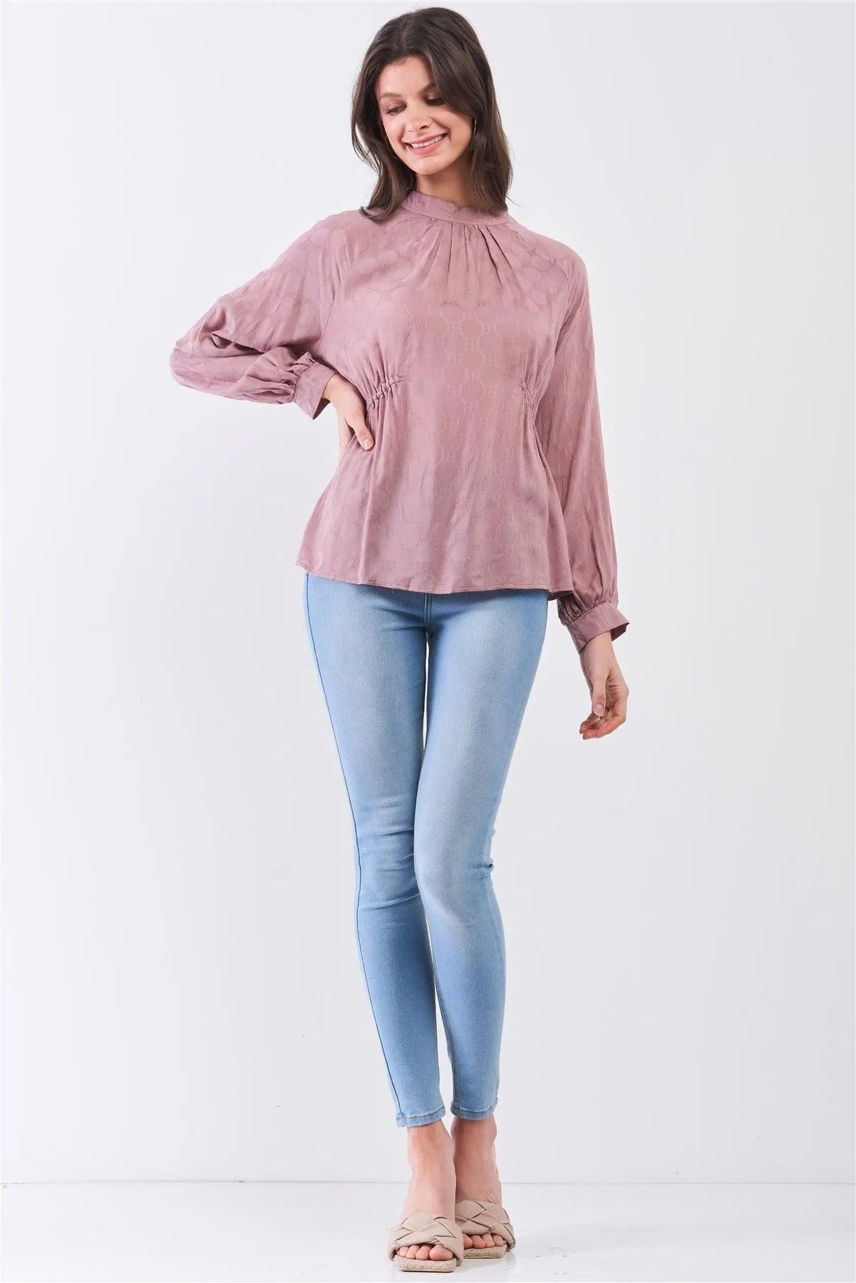 Boho Wood Rose Circle Pattern Mock Neck Long Sleeve Blouse Top /3-2-1 - Tasha Apparel Wholesale