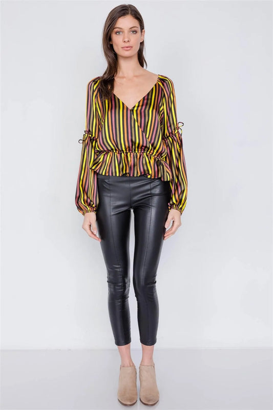 Satin Multi Stripe V-Neck Tiered Balloon Puff Sleeve Peplum Top /3-2-1 - Tasha Apparel Wholesale