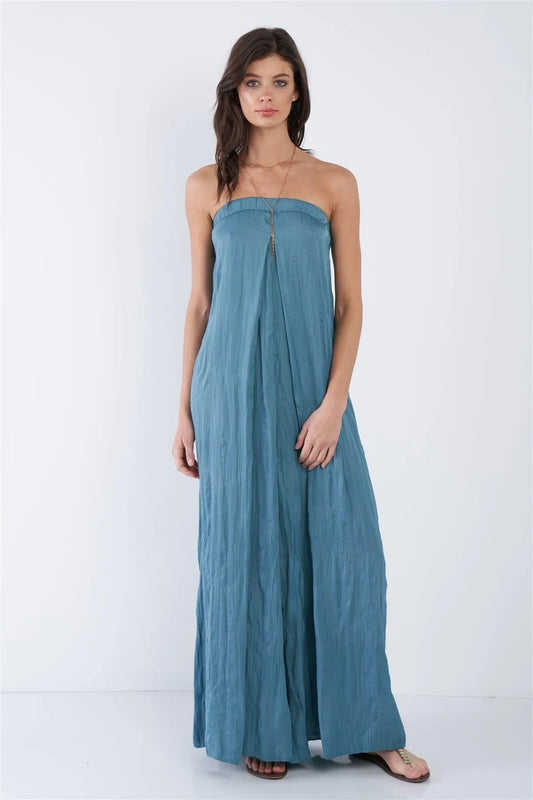 Satin Misty Teal Blue Sleeveless Wide Leg Relaxed Fit Jumpsuit /3-2-1 - Tasha Apparel Wholesale