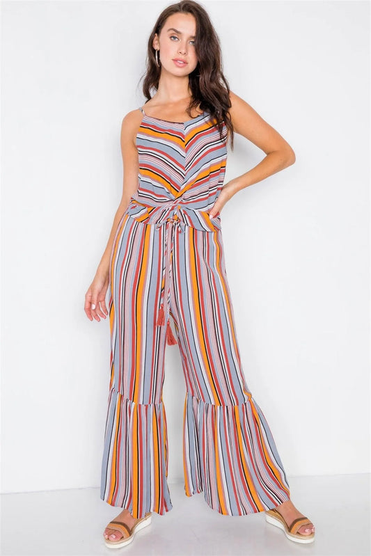 Mustard Multi Print Front Knot Cami & Flare Ankle Pant Set /3-2-1 - Tasha Apparel Wholesale