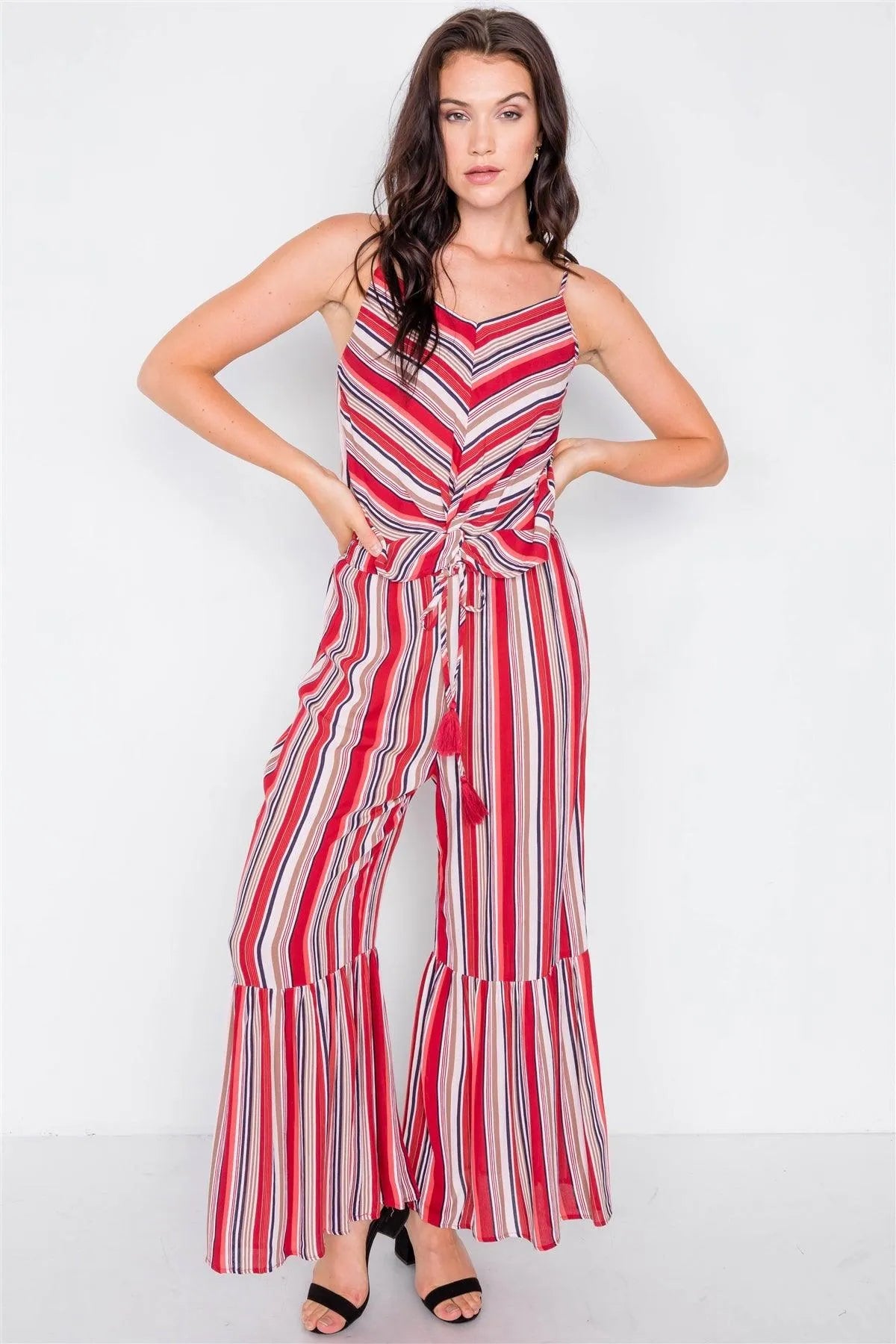 Pomegranate Multi Print Front Knot Cami & Flare Ankle Pant Set /3-2-1 - Tasha Apparel Wholesale