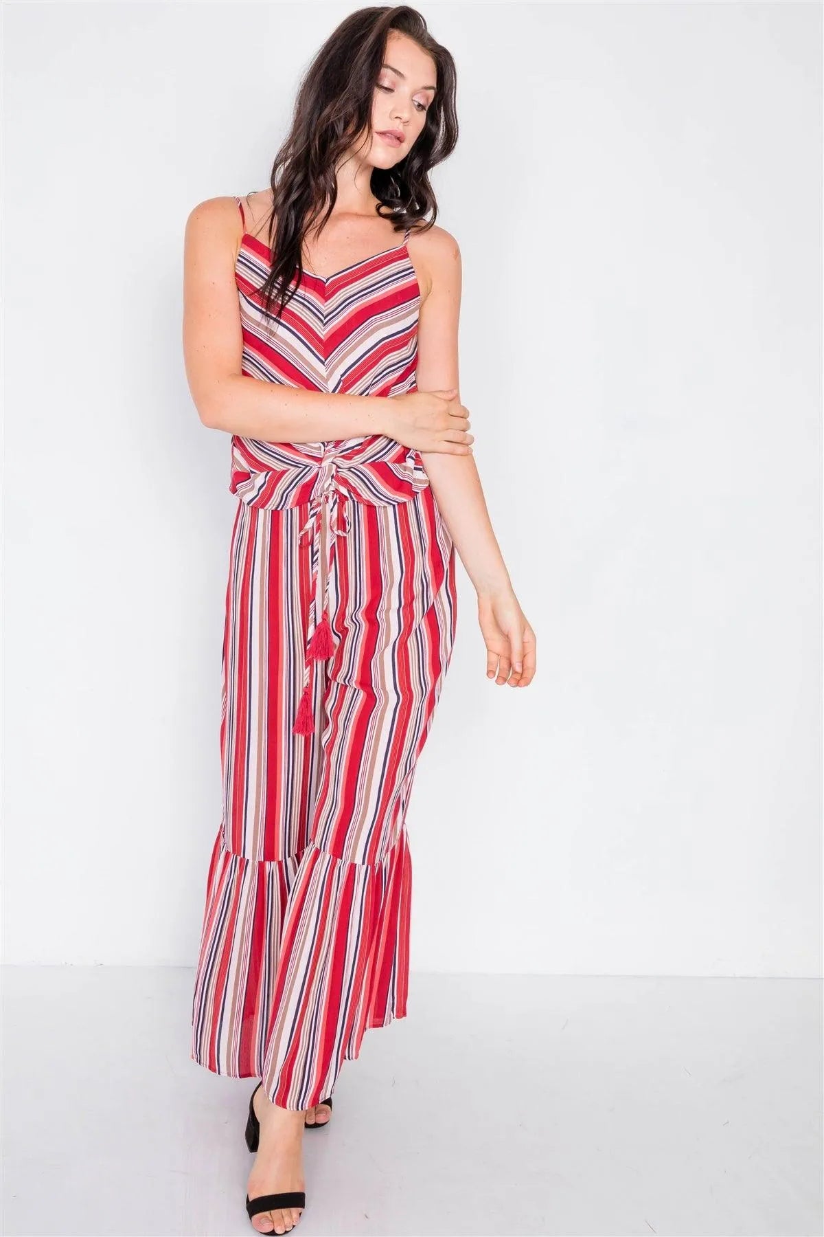 Pomegranate Multi Print Front Knot Cami & Flare Ankle Pant Set /3-2-1 - Tasha Apparel Wholesale