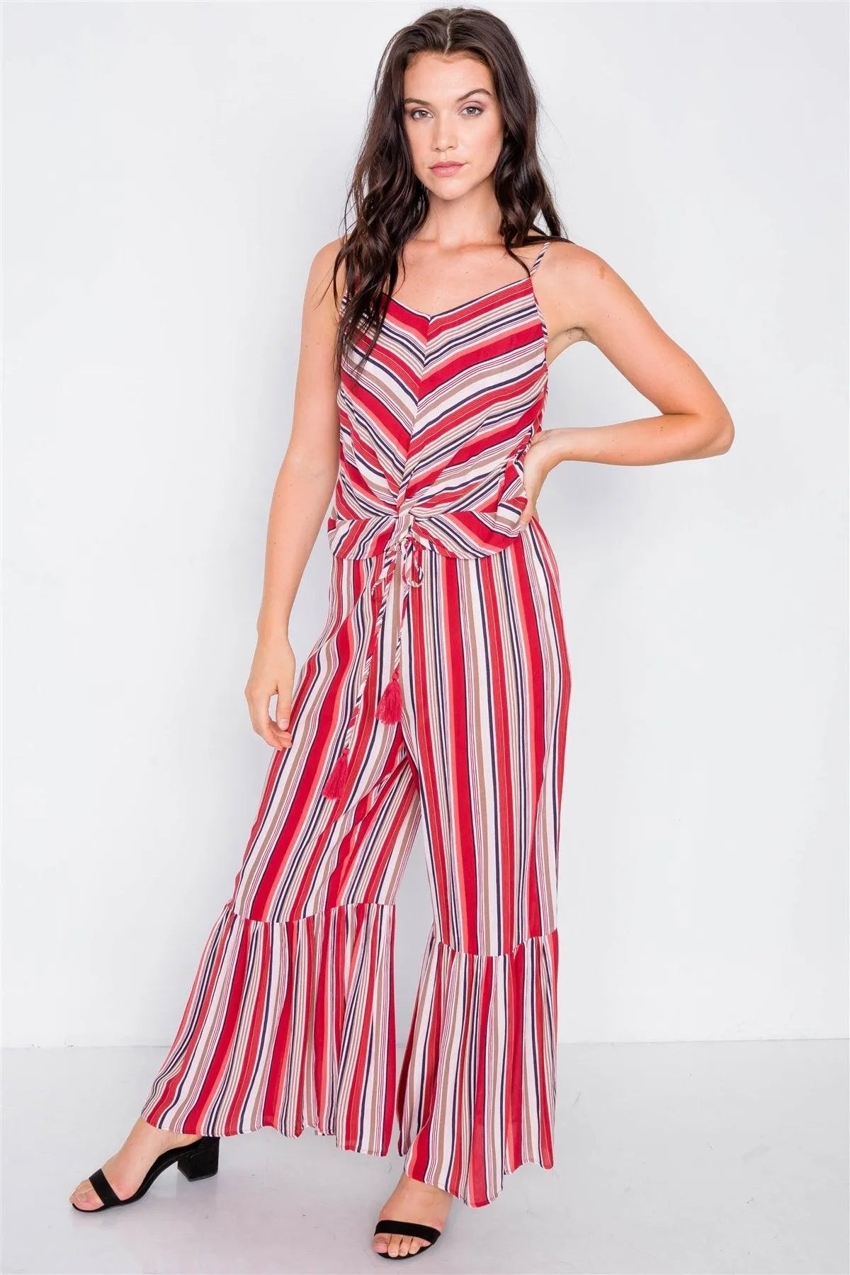 Pomegranate Multi Print Front Knot Cami & Flare Ankle Pant Set /3-2-1 - Tasha Apparel Wholesale