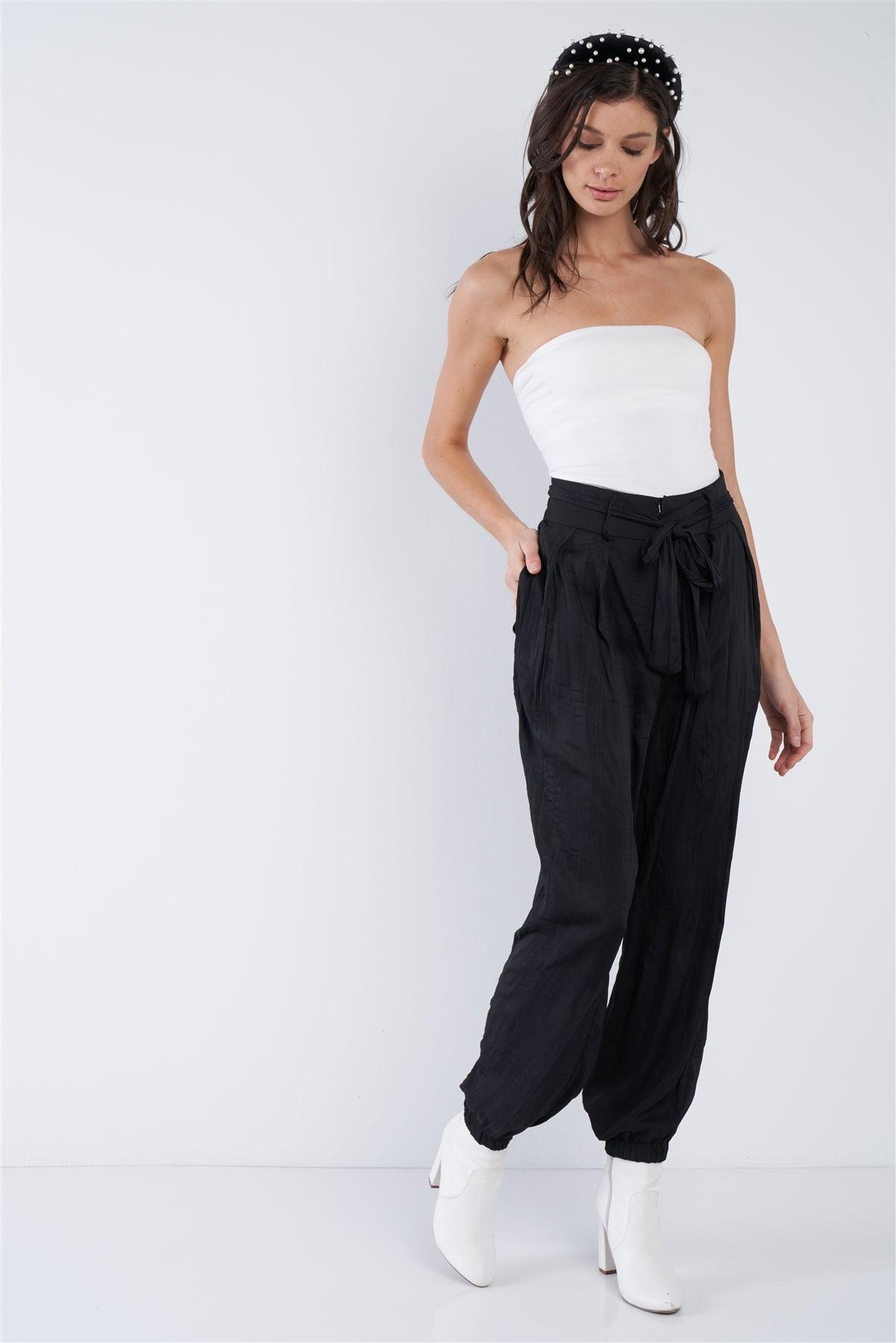 Black Crushed Satin Cinched Ankle Cuff Self Tie Waist Sash Pants /3-2-1