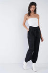 Black Crushed Satin Cinched Ankle Cuff Self Tie Waist Sash Pants /3-2-1 - Tasha Apparel Wholesale