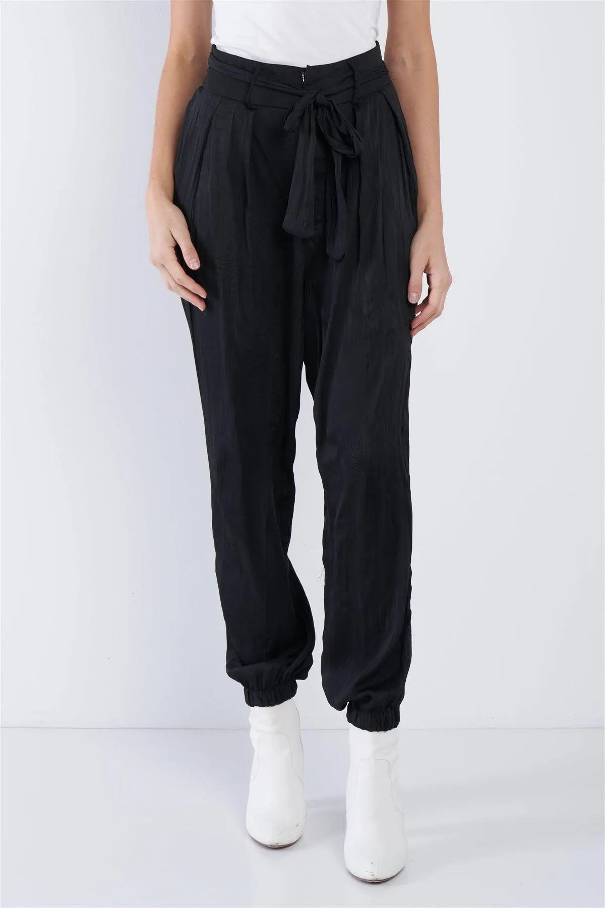 Black Crushed Satin Cinched Ankle Cuff Self Tie Waist Sash Pants /3-2-1 - Tasha Apparel Wholesale