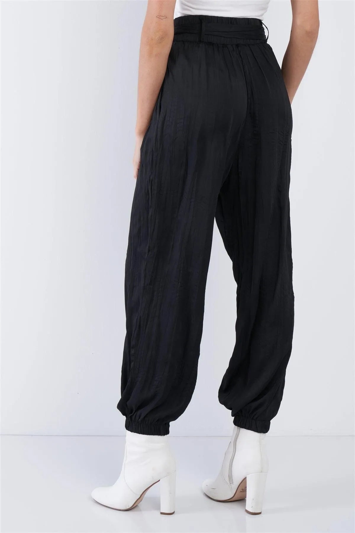 Black Crushed Satin Cinched Ankle Cuff Self Tie Waist Sash Pants /3-2-1 - Tasha Apparel Wholesale