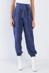 Indian Blue Crushed Satin Cinched Ankle Cuff Self Tie Waist Sash Pants /3-2-1 - Tasha Apparel Wholesale