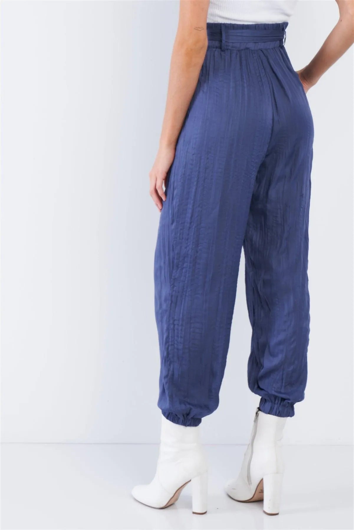 Indian Blue Crushed Satin Cinched Ankle Cuff Self Tie Waist Sash Pants /3-2-1 - Tasha Apparel Wholesale