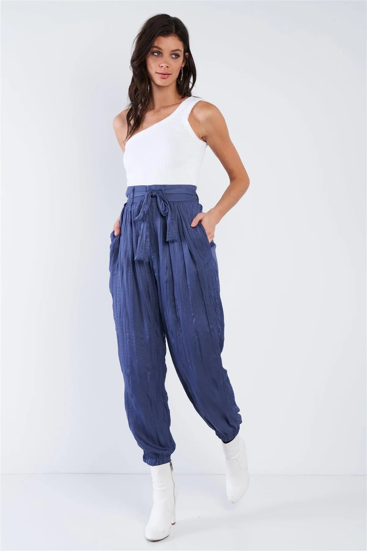 Indian Blue Crushed Satin Cinched Ankle Cuff Self Tie Waist Sash Pants /3-2-1 - Tasha Apparel Wholesale
