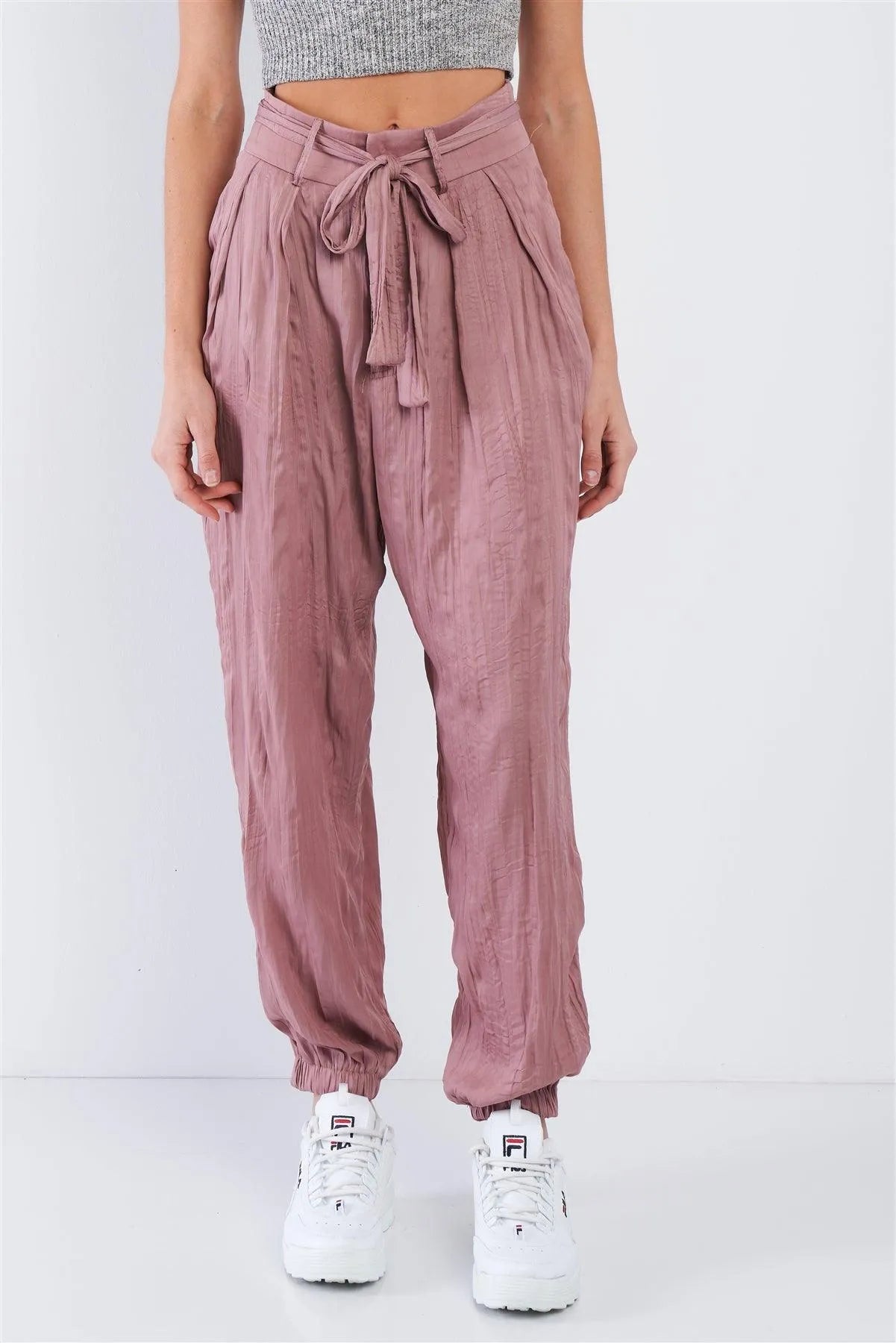 Wood Rose Pink Crushed Satin Cinched Ankle Cuff Self Tie Waist Sash Pants /3-2-1 - Tasha Apparel Wholesale