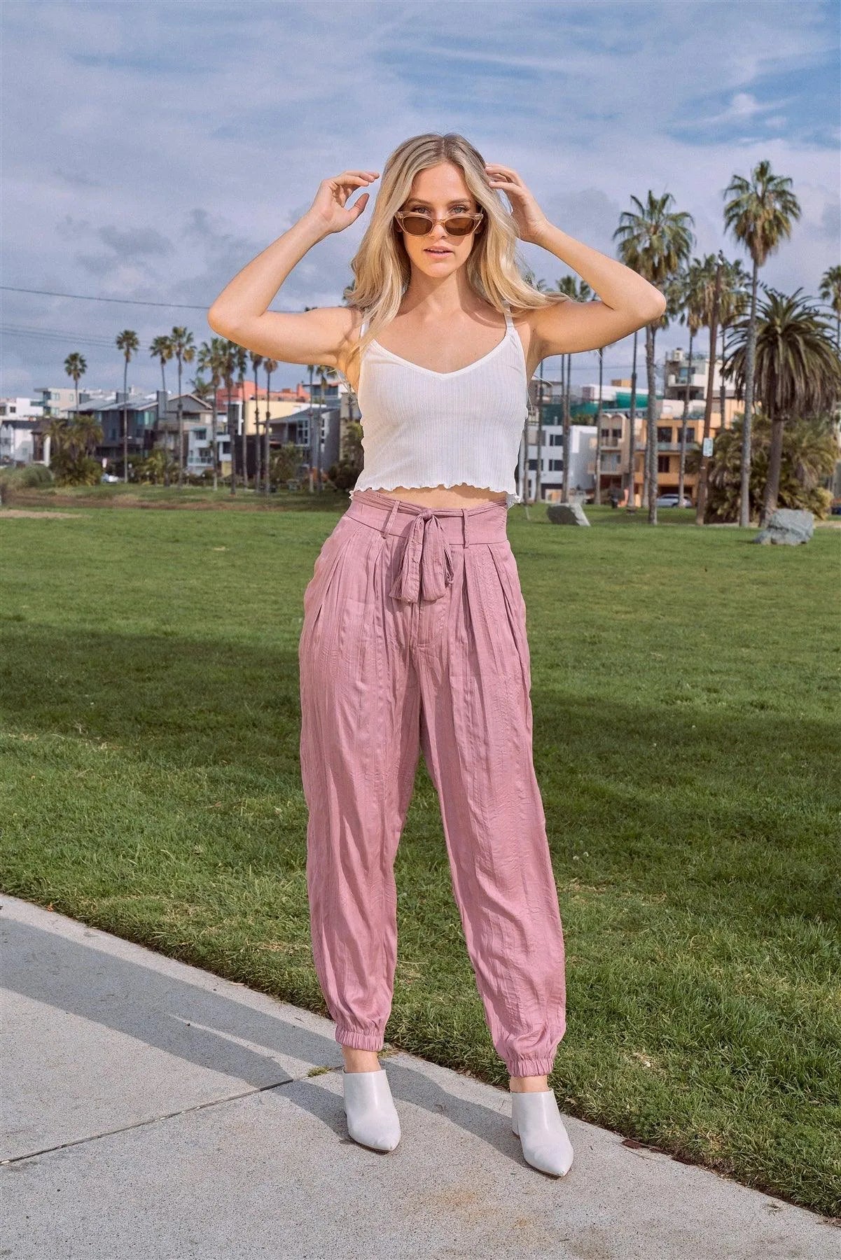 Wood Rose Pink Crushed Satin Cinched Ankle Cuff Self Tie Waist Sash Pants /3-2-1 - Tasha Apparel Wholesale