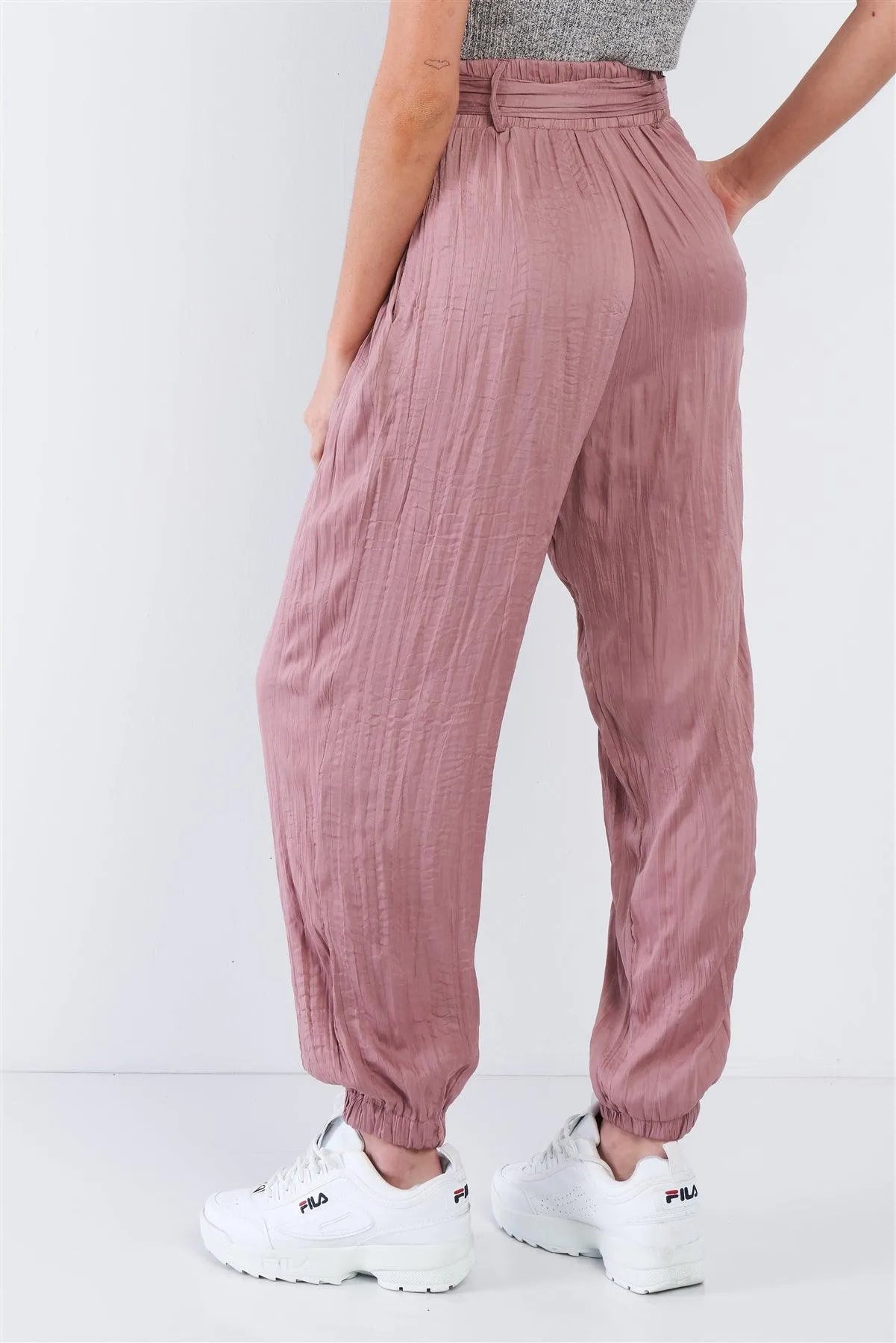 Wood Rose Pink Crushed Satin Cinched Ankle Cuff Self Tie Waist Sash Pants /3-2-1 - Tasha Apparel Wholesale