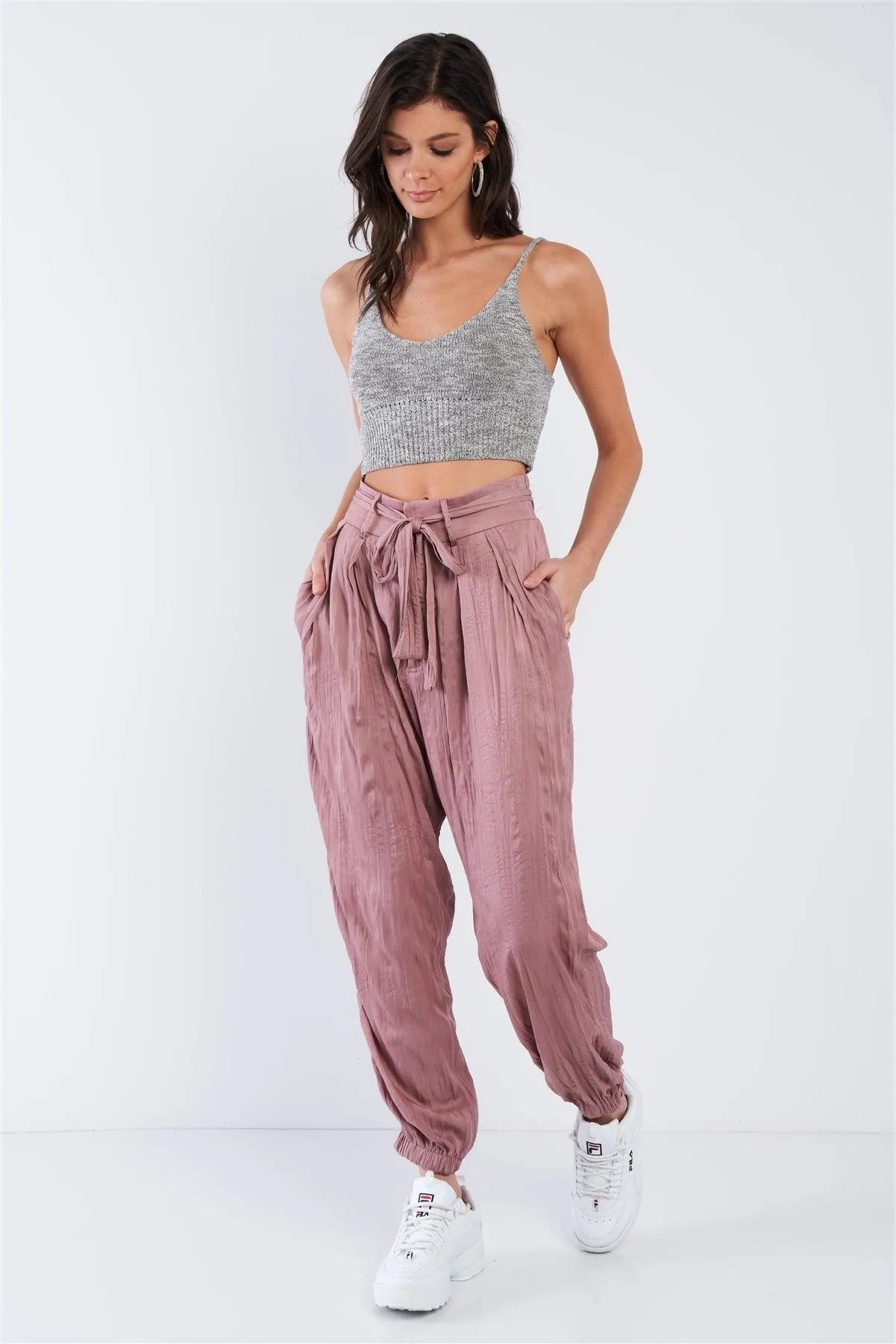 Wood Rose Pink Crushed Satin Cinched Ankle Cuff Self Tie Waist Sash Pants /3-2-1 - Tasha Apparel Wholesale