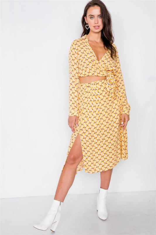 Mustard Geo Print Wrap Crop Top & Pleated Midi Skirt Set /3-2-1 - Tasha Apparel Wholesale