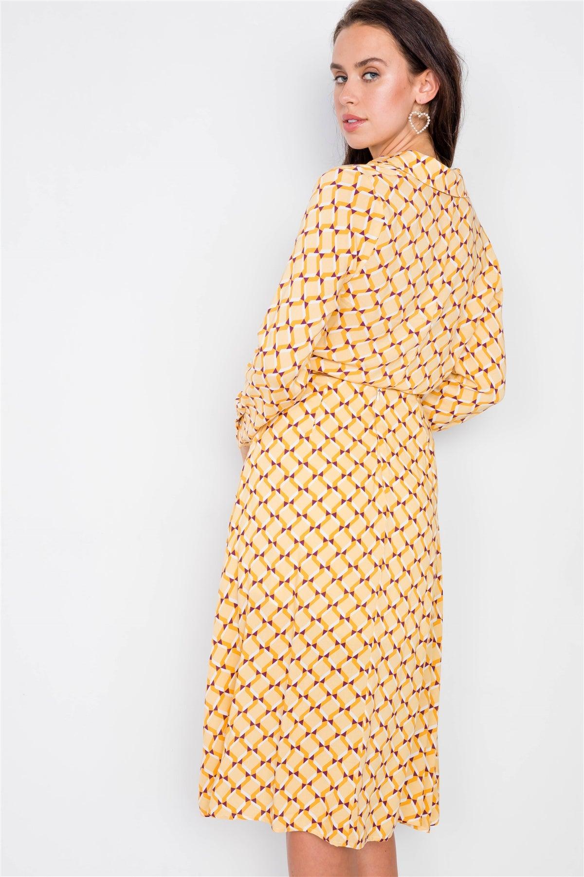 Mustard Geo Print Wrap Crop Top & Pleated Midi Skirt Set /3-2-1