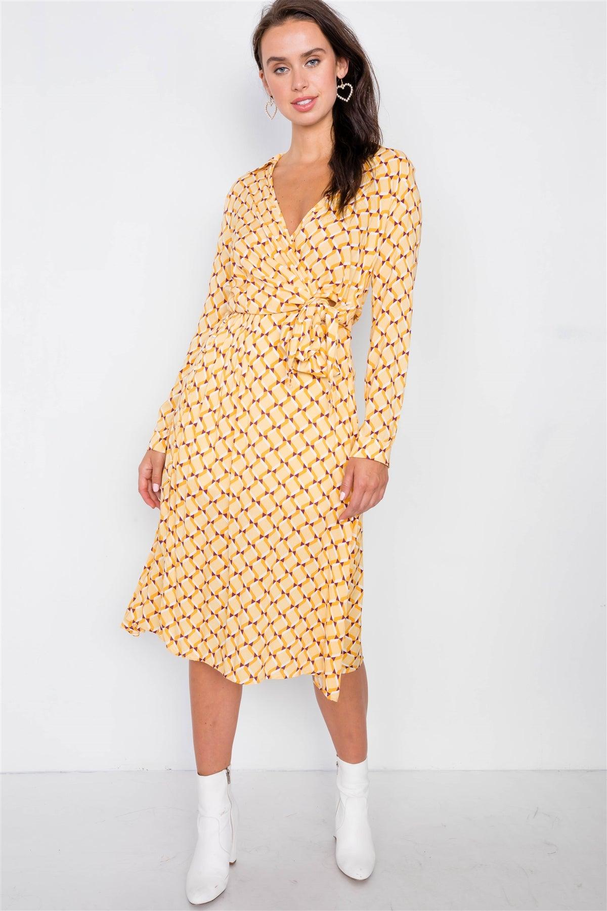 Mustard Geo Print Wrap Crop Top & Pleated Midi Skirt Set /3-2-1