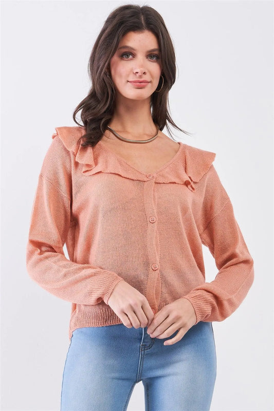 Latte Round Neck Bertha Collar Button-Front Cardigan /3-2-1 - Tasha Apparel Wholesale