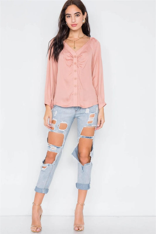 Baked Peach Cinched Shoulders Long Sleeve Satin Top /3-2-1 - Tasha Apparel Wholesale