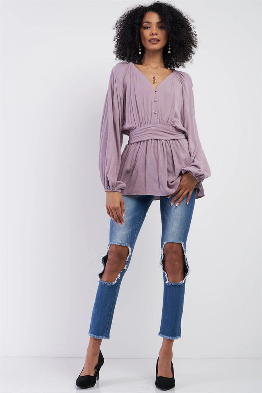 Lilac V-Neck Button Down Long Sleeve Self-Tie Waistline Detail Gathered Frill Trim Detail Top /3-2-1 - Tasha Apparel Wholesale