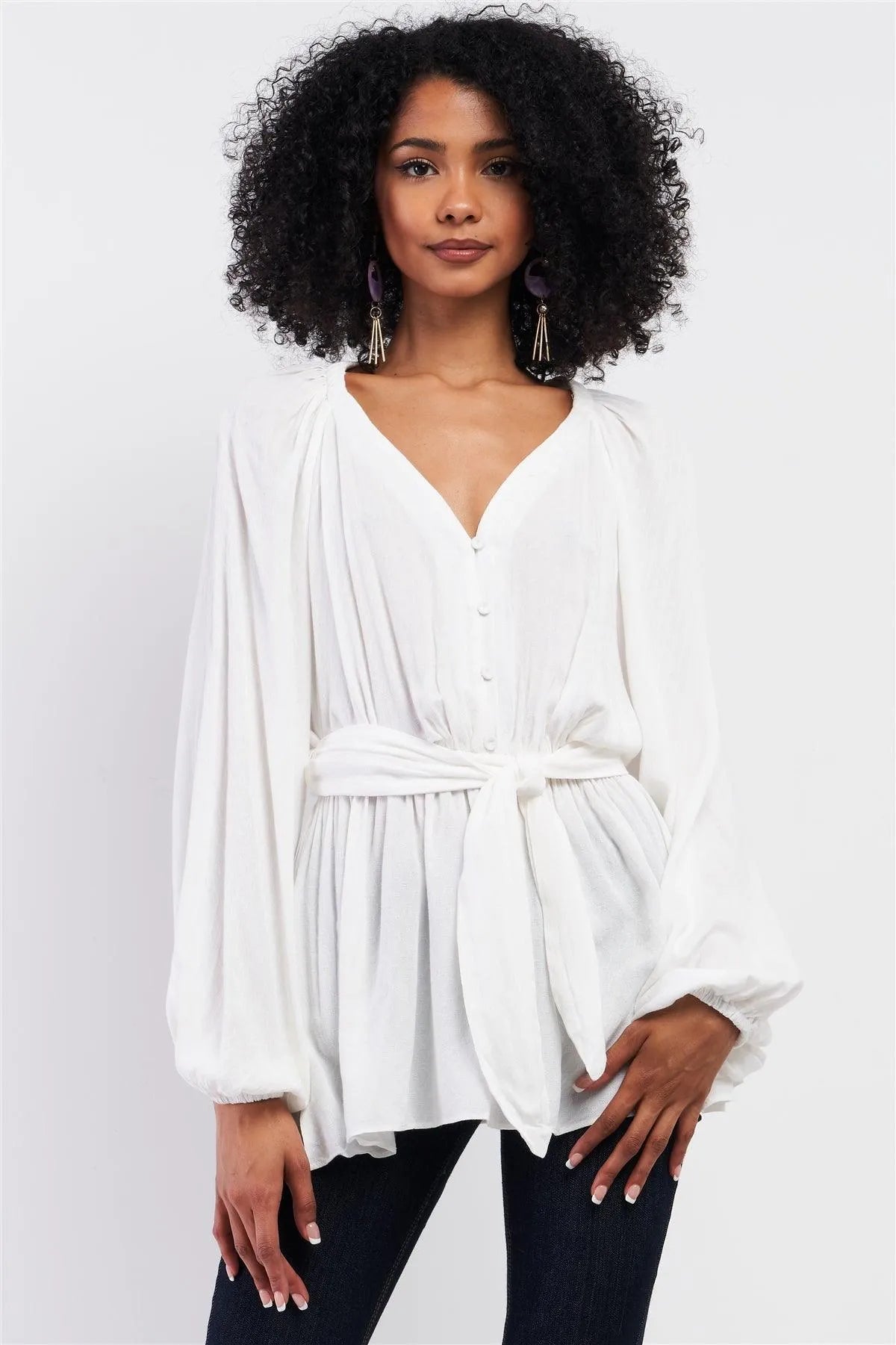 White V-Neck Button Down Long Sleeve Self-Tie Waistline Detail Gathered Frill Trim Detail Top /3-2-1 - Tasha Apparel Wholesale