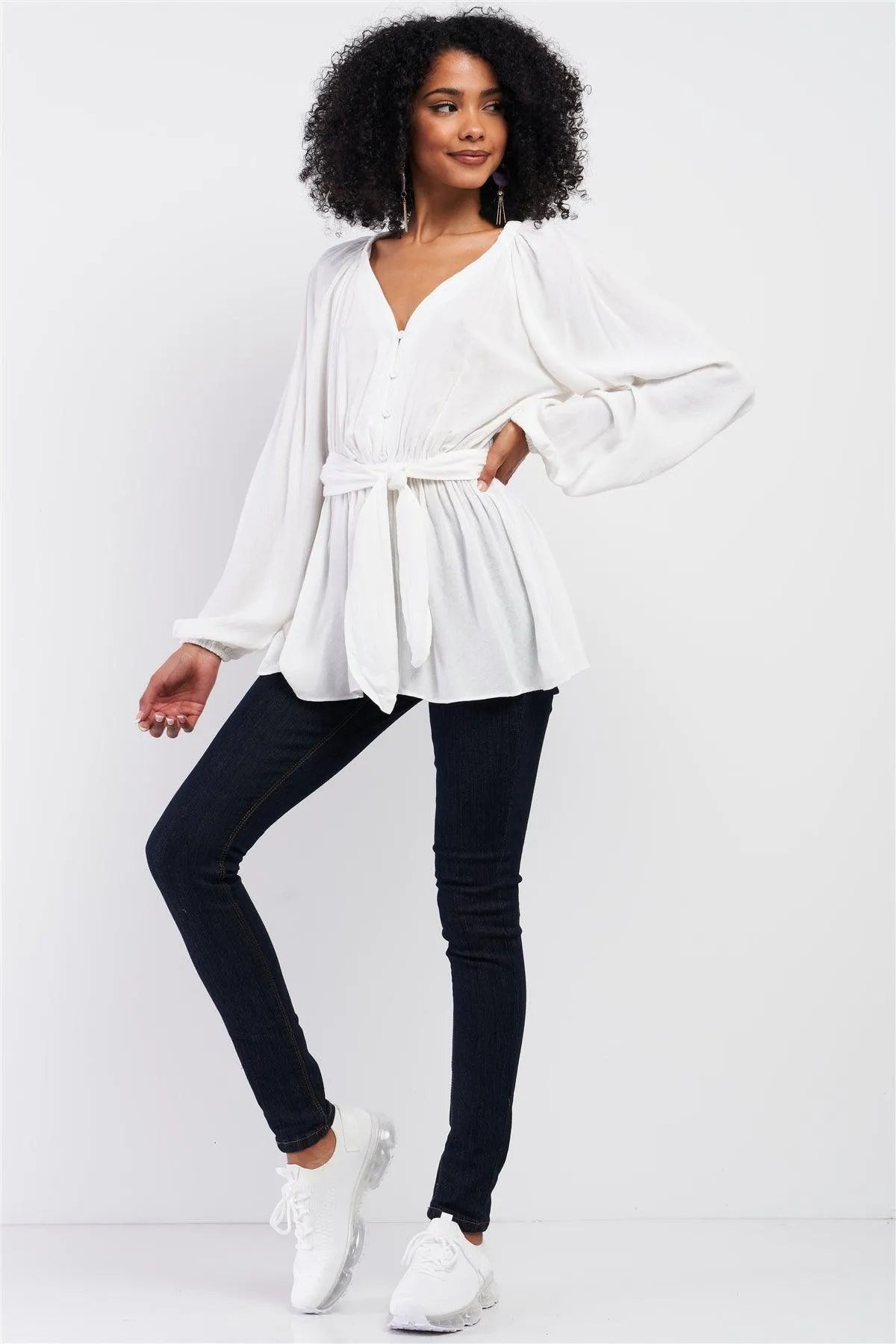 White V-Neck Button Down Long Sleeve Self-Tie Waistline Detail Gathered Frill Trim Detail Top /3-2-1 - Tasha Apparel Wholesale