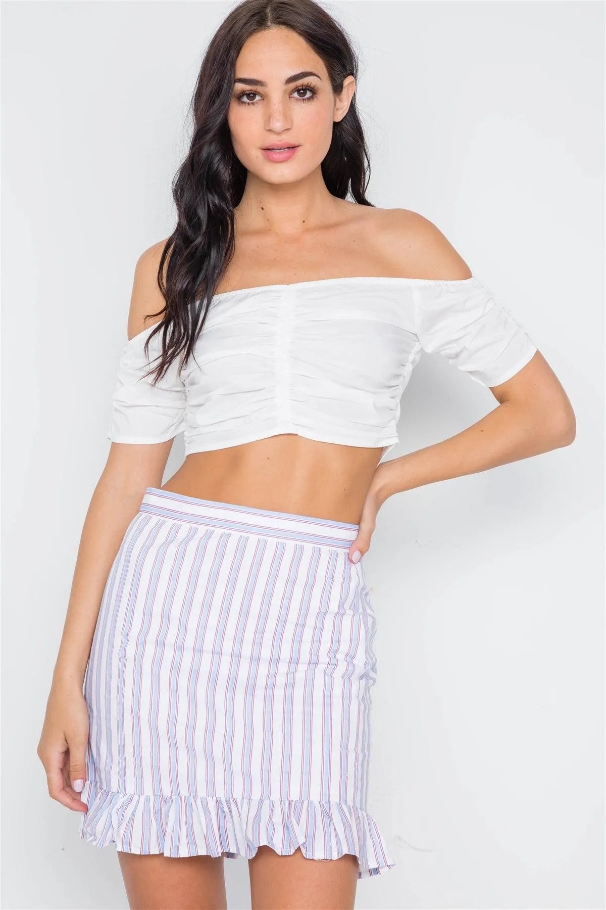 Blue Red Stripe High Waist Ruffle Hem Mini Skirt /3-2-1 - Tasha Apparel Wholesale