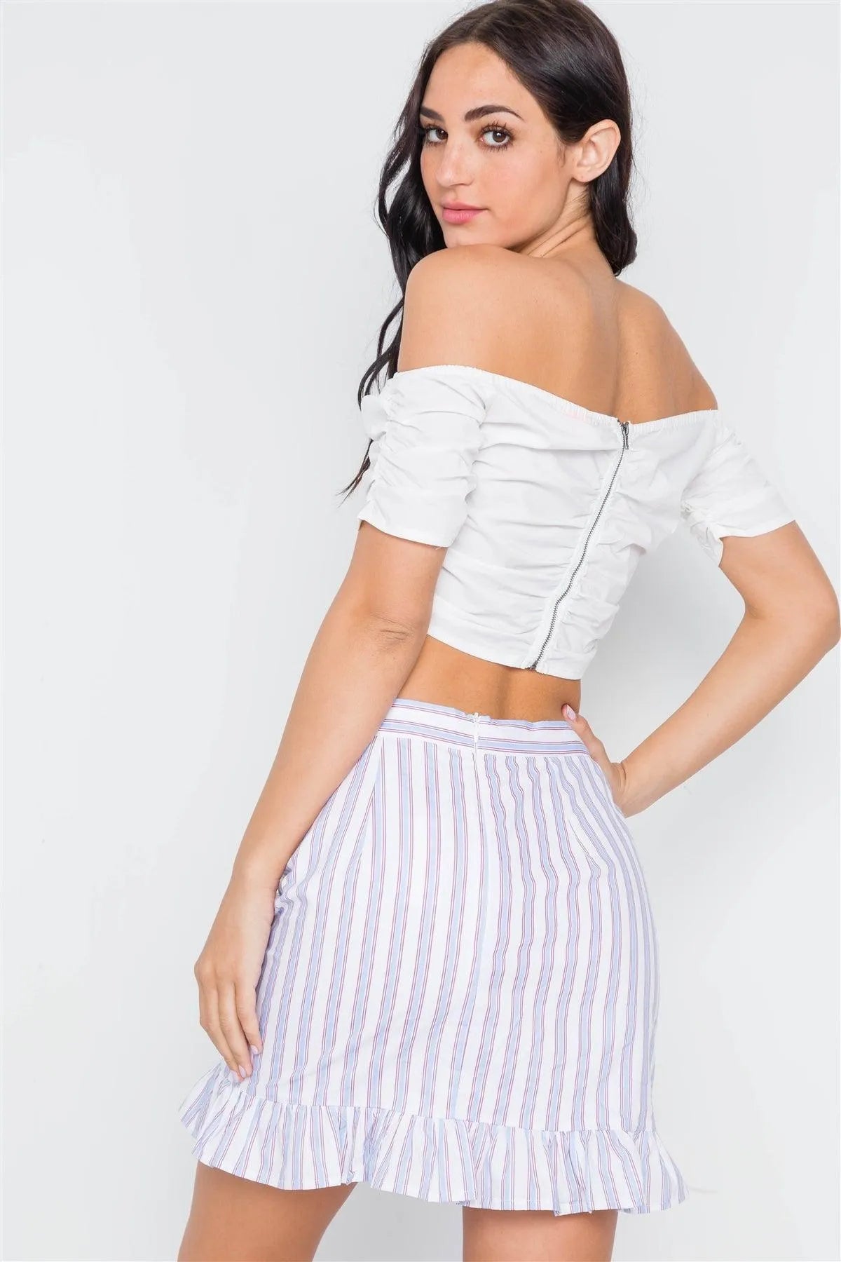 Blue Red Stripe High Waist Ruffle Hem Mini Skirt /3-2-1 - Tasha Apparel Wholesale