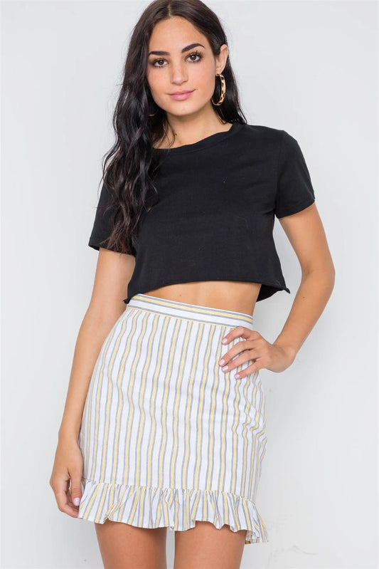 Yellow Navy Stripe High Waist Ruffle Hem Mini Skirt /3-2-1 - Tasha Apparel Wholesale