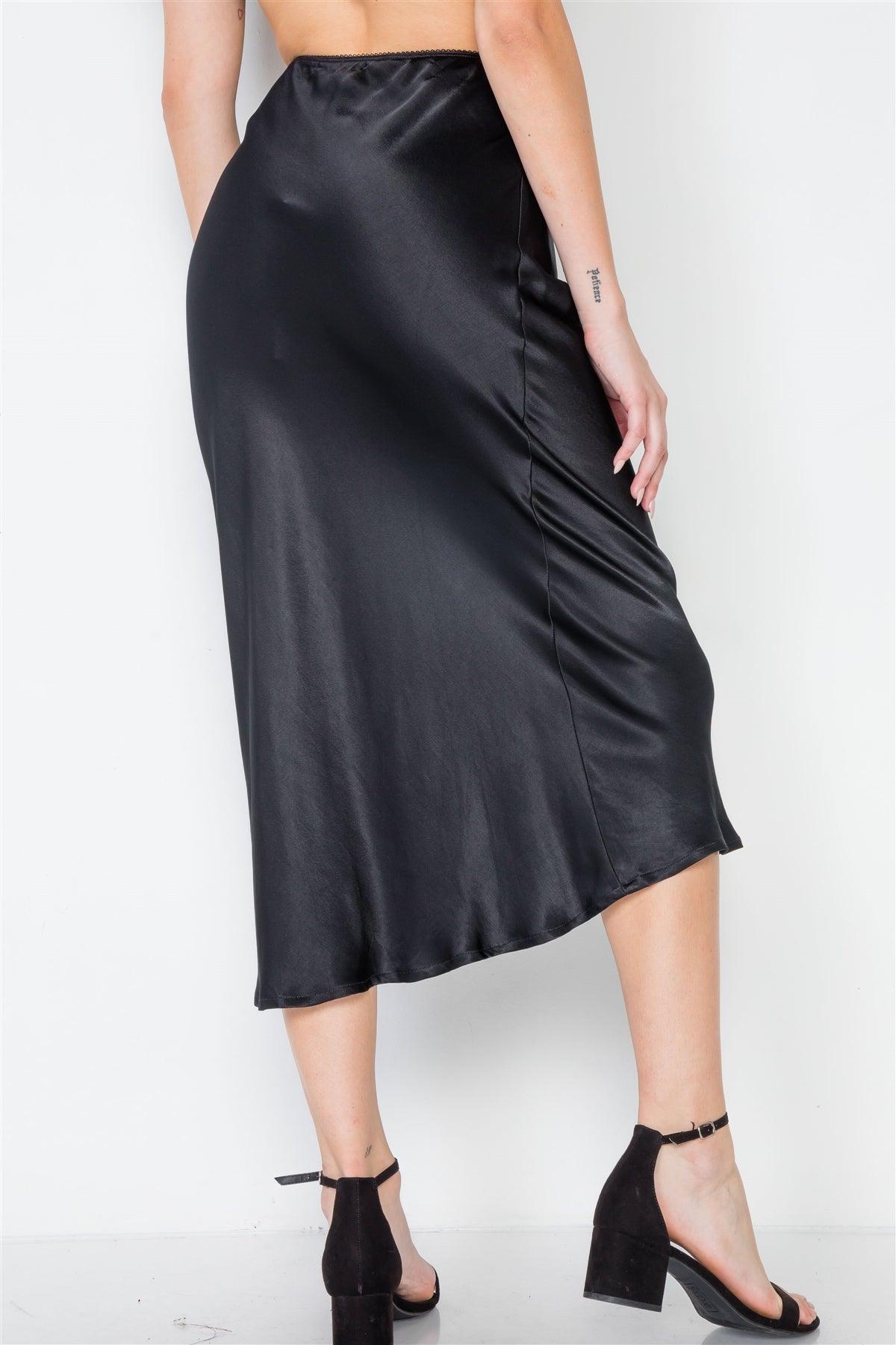 Black Satin High-Waist Midi Skirt /3-2-1