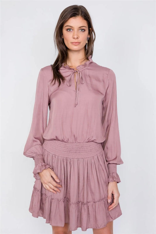 Dusty Mauve Satin Boho V-Neck Tie Flounce Trim Mini Dress /3-2-1 - Tasha Apparel Wholesale
