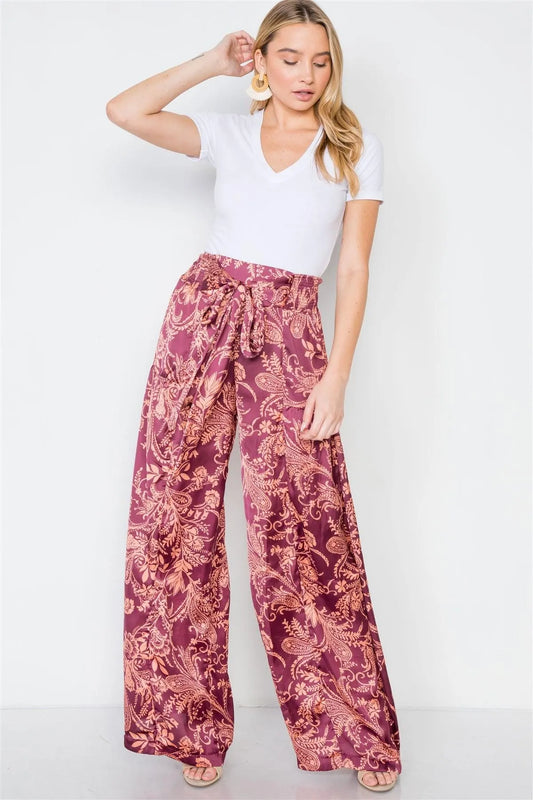 Blush Floral Paisley Print High-Waist Wide Leg Pants /3-2-1 - Tasha Apparel Wholesale