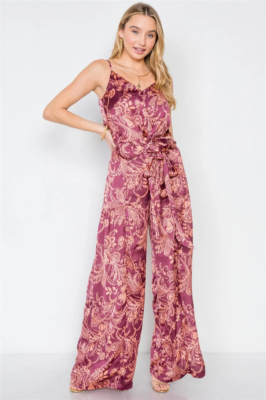 Blush Satin Floral Crop Top Pants Two Piece Set /3-2-1 - Tasha Apparel Wholesale