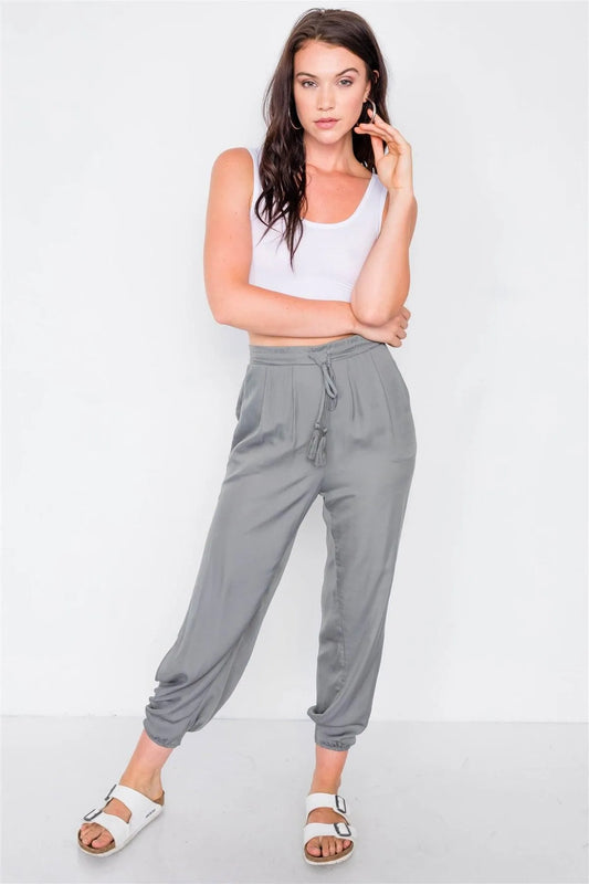 Ash Olive High Slit Satin Harem Ankle Pants /3-2-1 - Tasha Apparel Wholesale