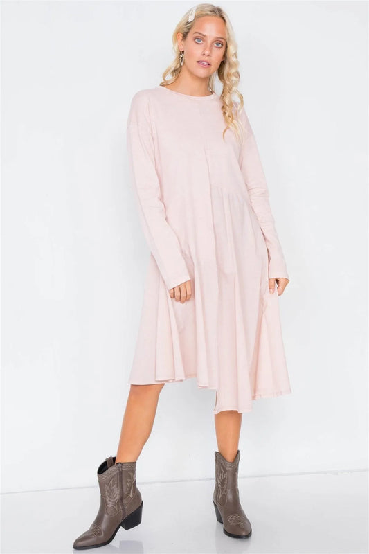 Dusty Pink Cotton Drop Shoulder Asymmetrical Midi Dress /3-2-1 - Tasha Apparel Wholesale