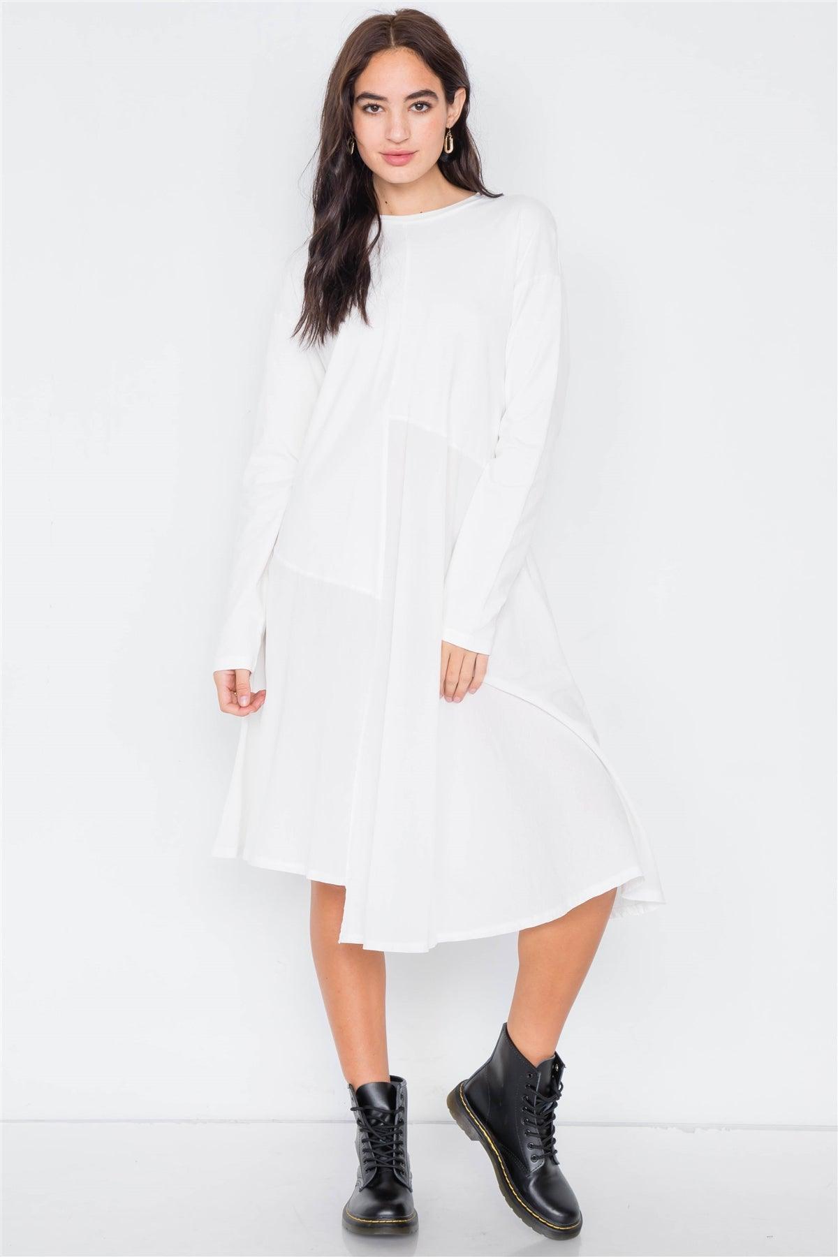 White Cotton Drop Shoulder Asymmetrical Midi Dress /3-2-1