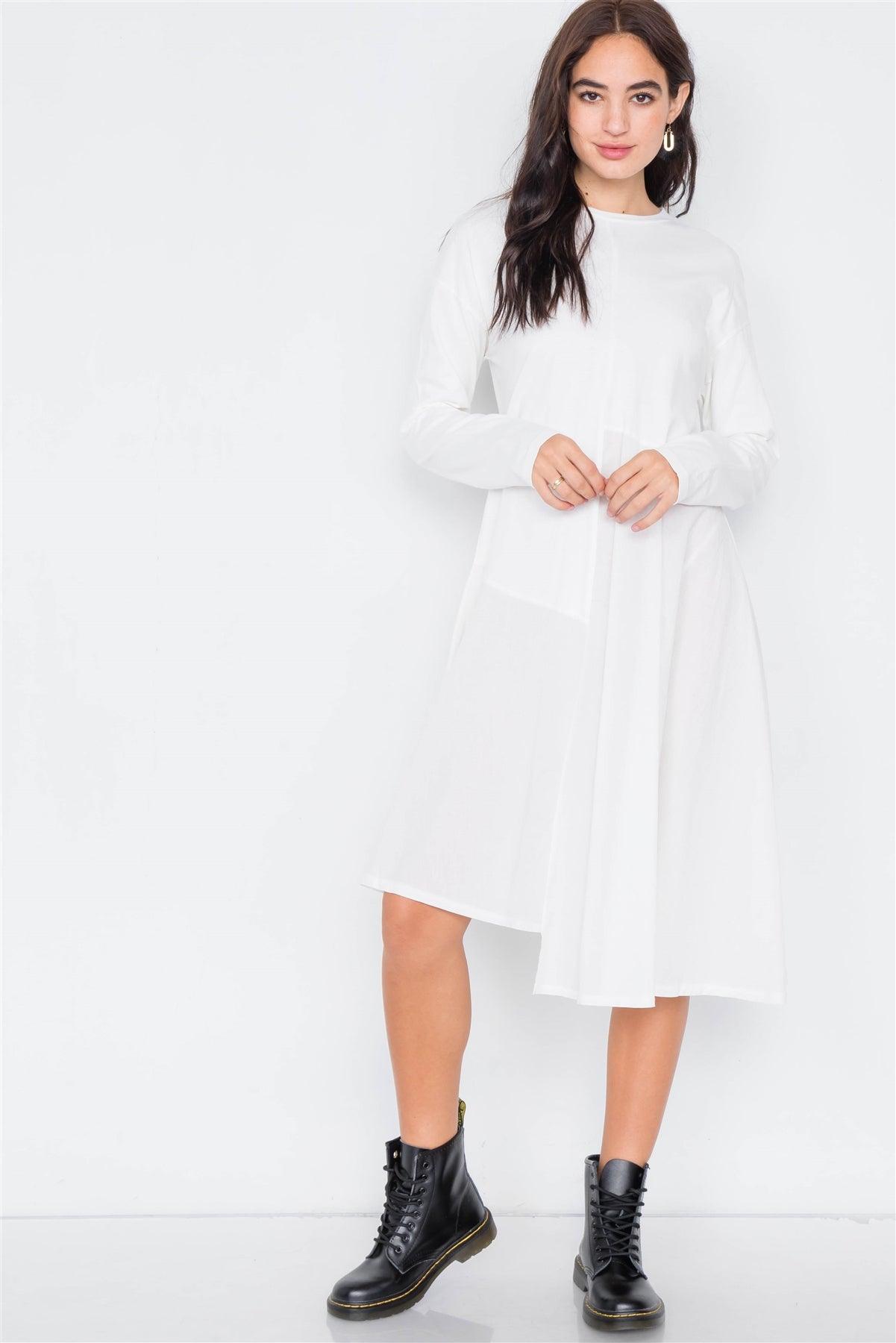 White Cotton Drop Shoulder Asymmetrical Midi Dress /3-2-1