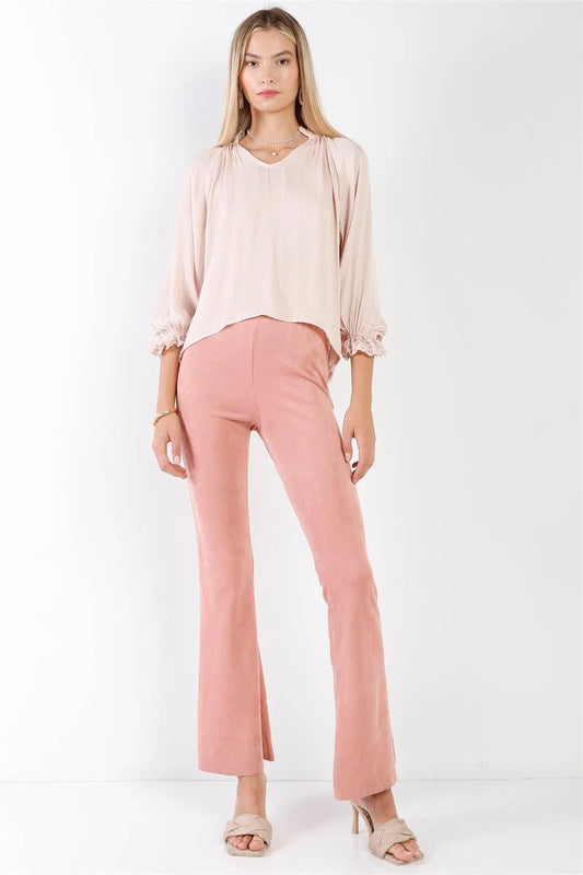 Blush Suede High-Waist Vintage Raw Hem Flare Pants /3-3 - Tasha Apparel Wholesale