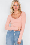 Baked Peach Satin Scoop Neck Ribbed Long Sleeve Top /3-2-1