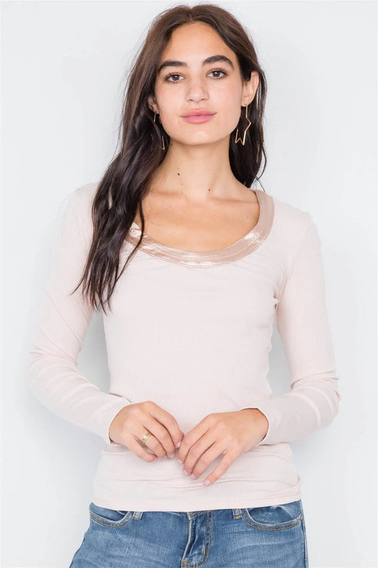 Beige Satin Scoop Neck Ribbed Long Sleeve Top /3-2-1 - Tasha Apparel Wholesale