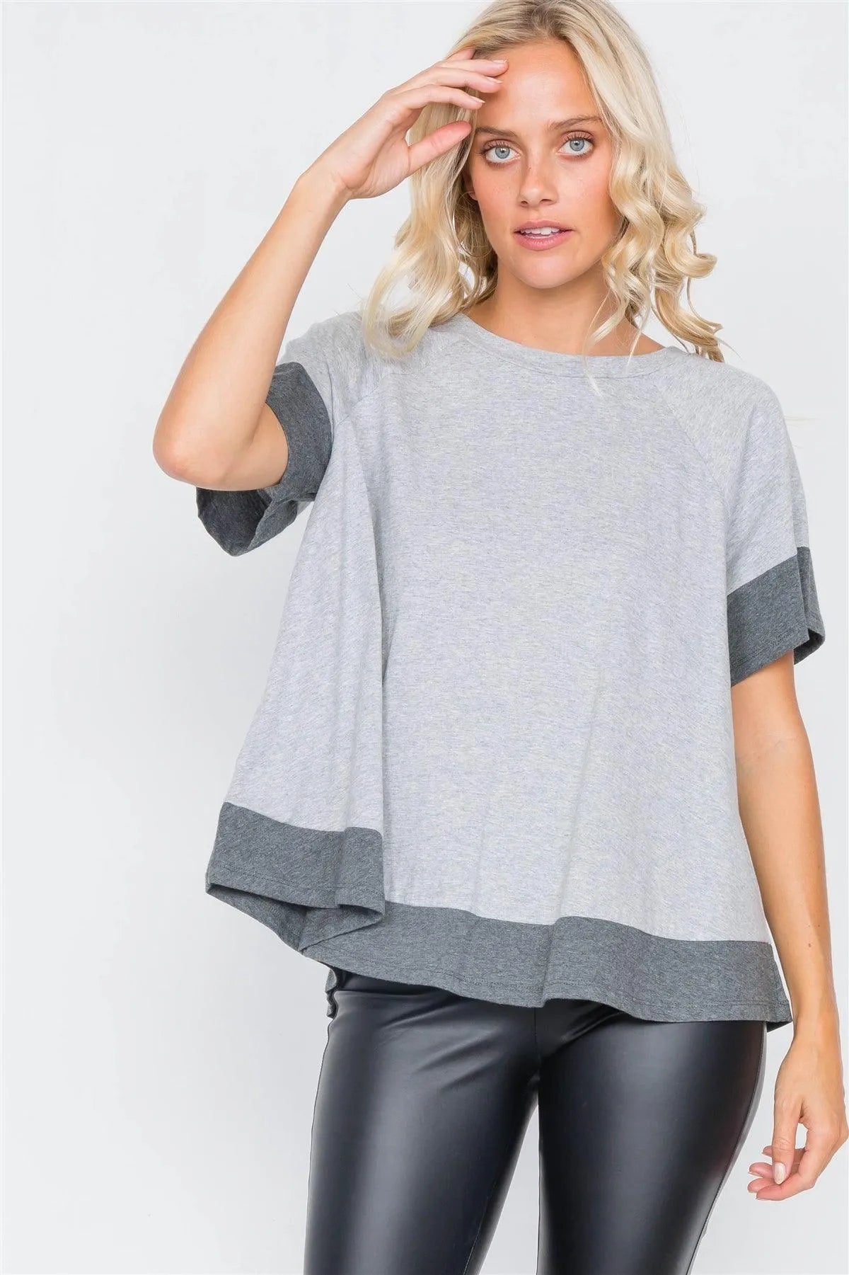 Grey Contrast Trim Flare Cotton Tee /3-2-1 - Tasha Apparel Wholesale