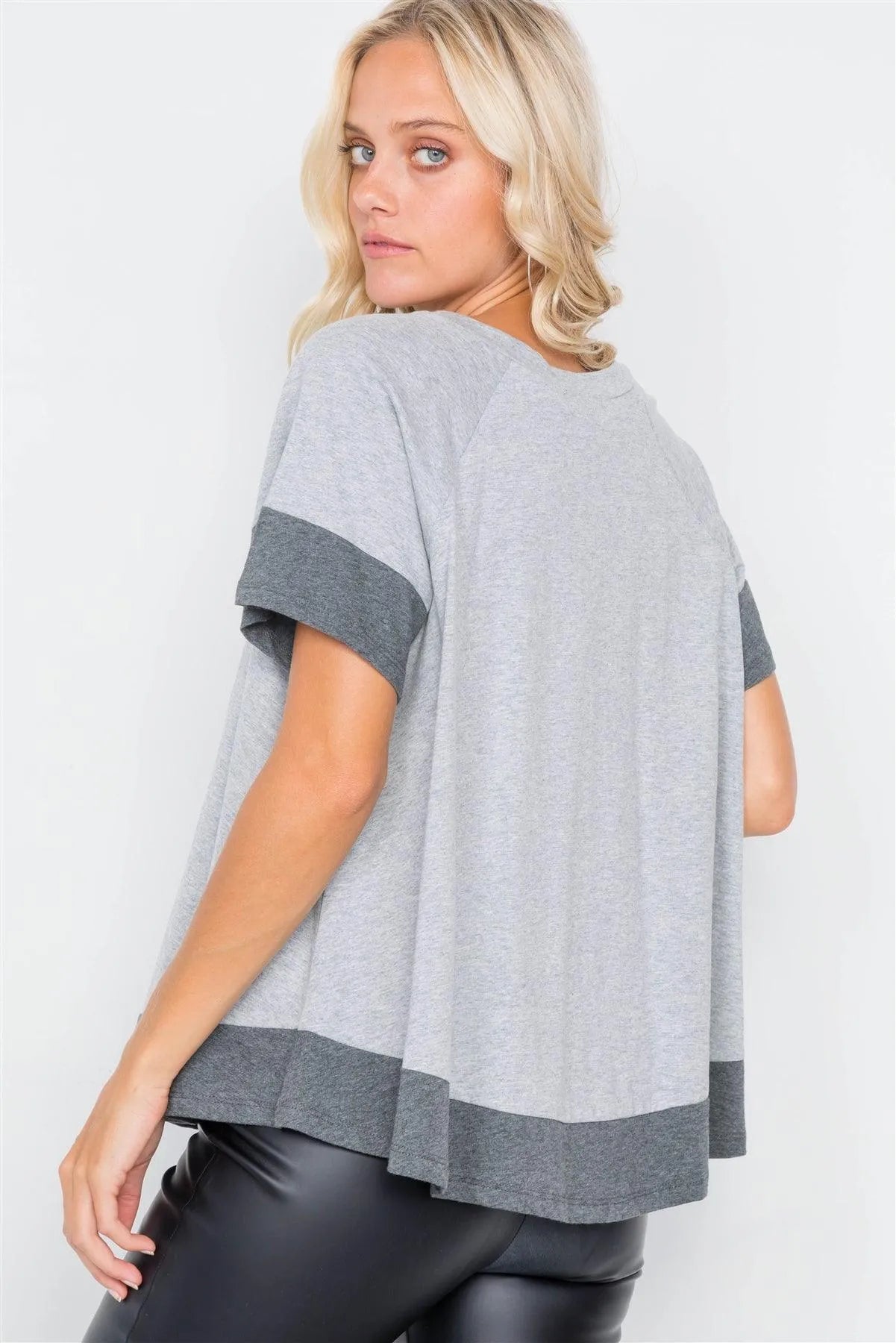 Grey Contrast Trim Flare Cotton Tee /3-2-1 - Tasha Apparel Wholesale