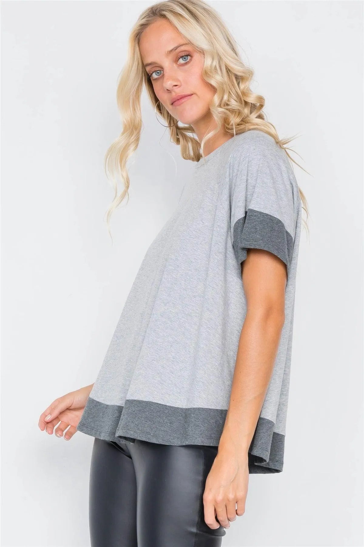 Grey Contrast Trim Flare Cotton Tee /3-2-1 - Tasha Apparel Wholesale