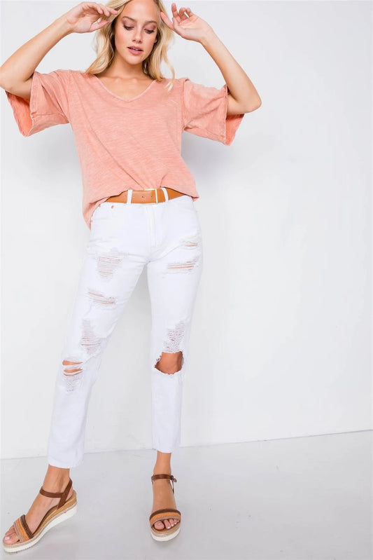 Clay Ruched Shoulder Bell Short Sleeve Cotton Top /3-2-1 - Tasha Apparel Wholesale