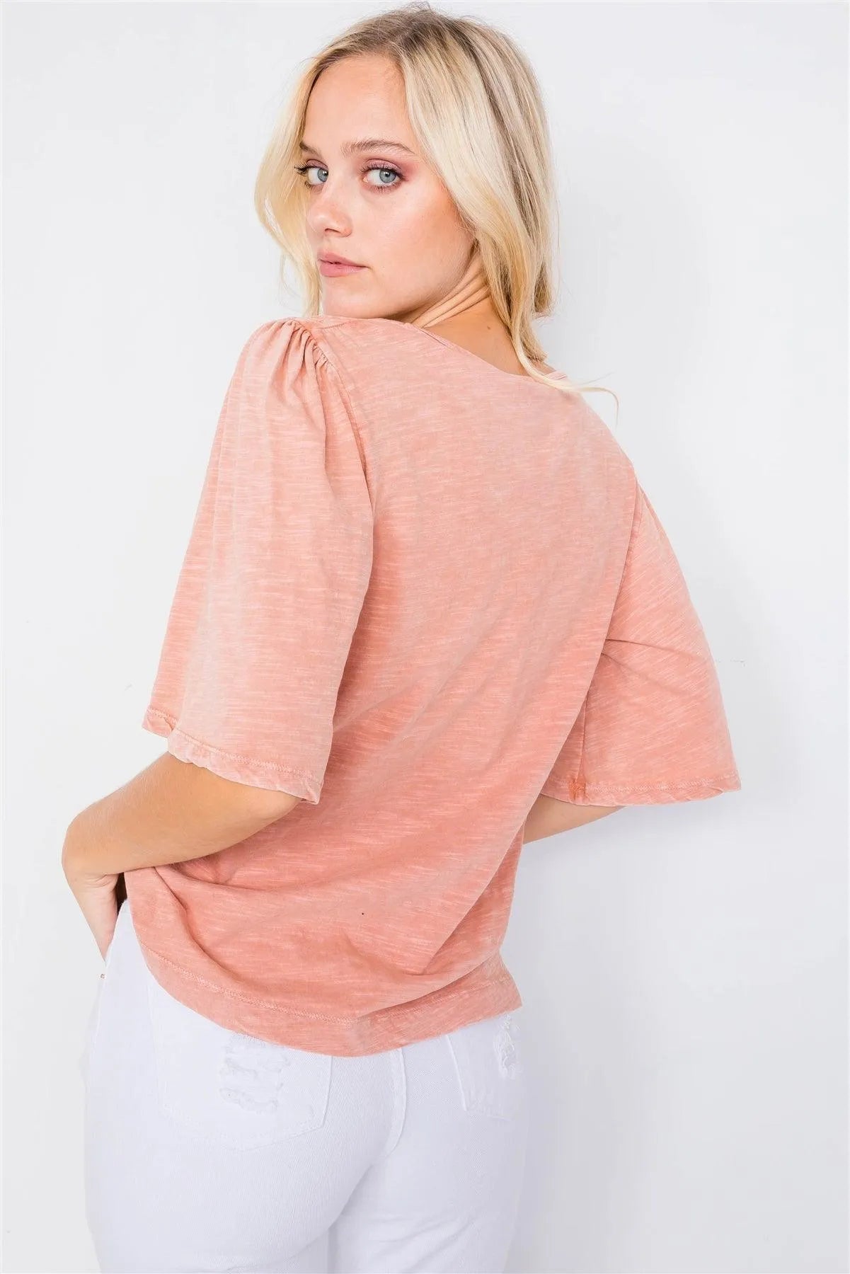 Clay Ruched Shoulder Bell Short Sleeve Cotton Top /3-2-1 - Tasha Apparel Wholesale