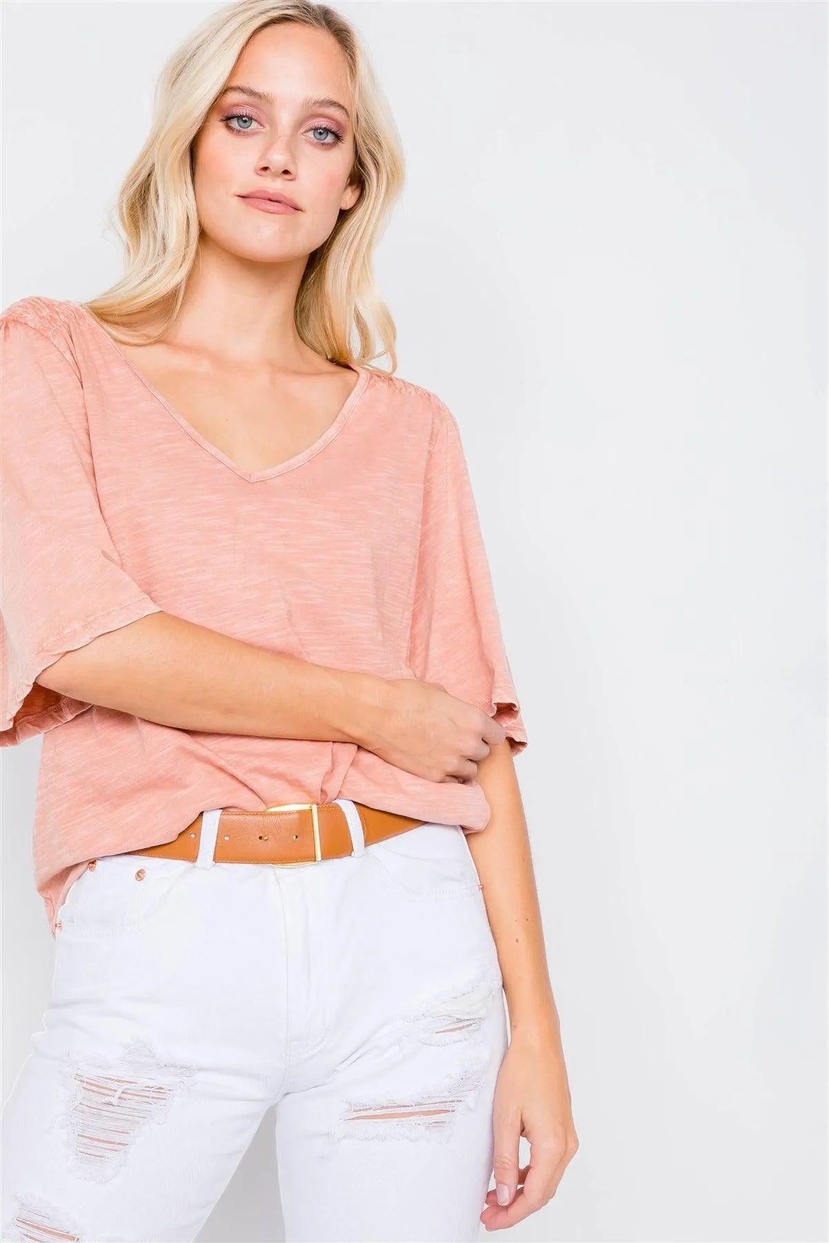Clay Ruched Shoulder Bell Short Sleeve Cotton Top /3-2-1 - Tasha Apparel Wholesale