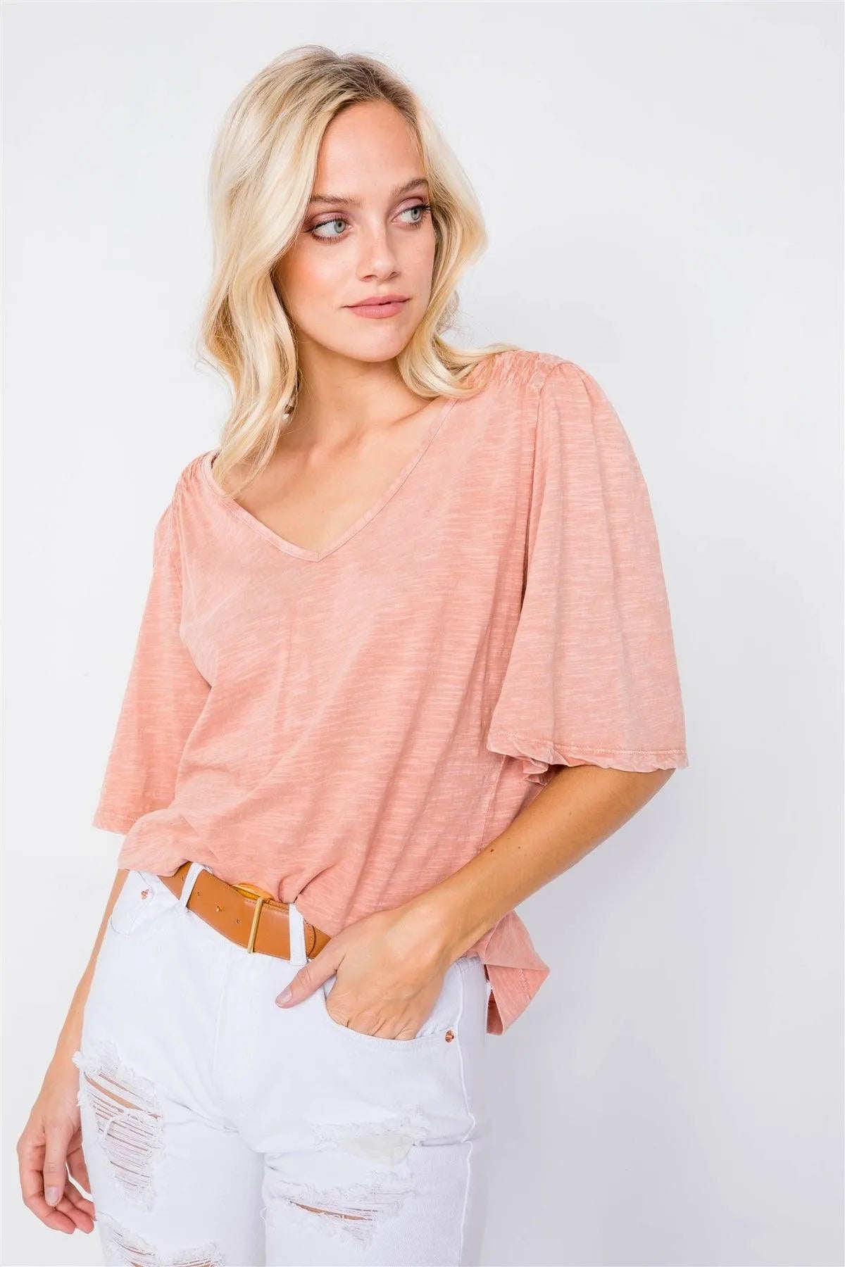 Clay Ruched Shoulder Bell Short Sleeve Cotton Top /3-2-1 - Tasha Apparel Wholesale