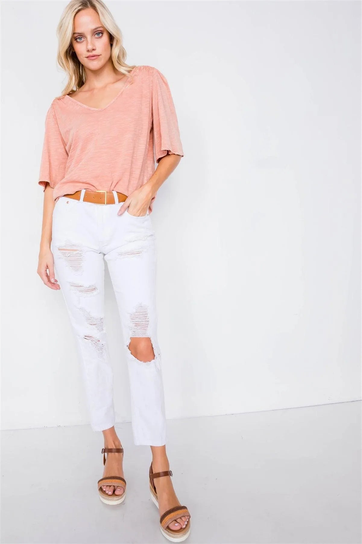 Clay Ruched Shoulder Bell Short Sleeve Cotton Top /3-2-1 - Tasha Apparel Wholesale
