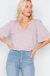 Mauve Ruched Shoulder Bell Short Sleeve Cotton Top /3-2-1 - Tasha Apparel Wholesale