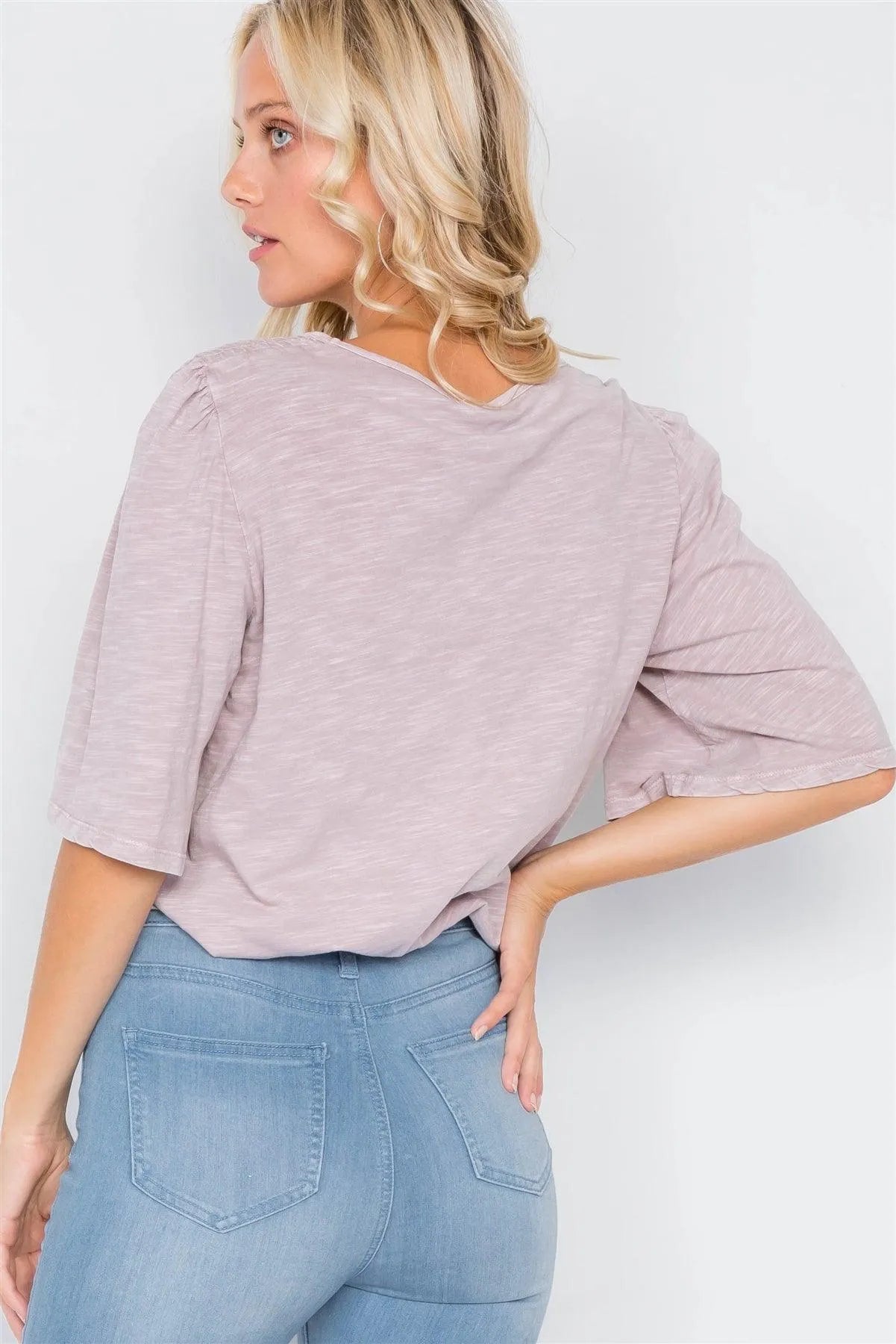 Mauve Ruched Shoulder Bell Short Sleeve Cotton Top /3-2-1 - Tasha Apparel Wholesale